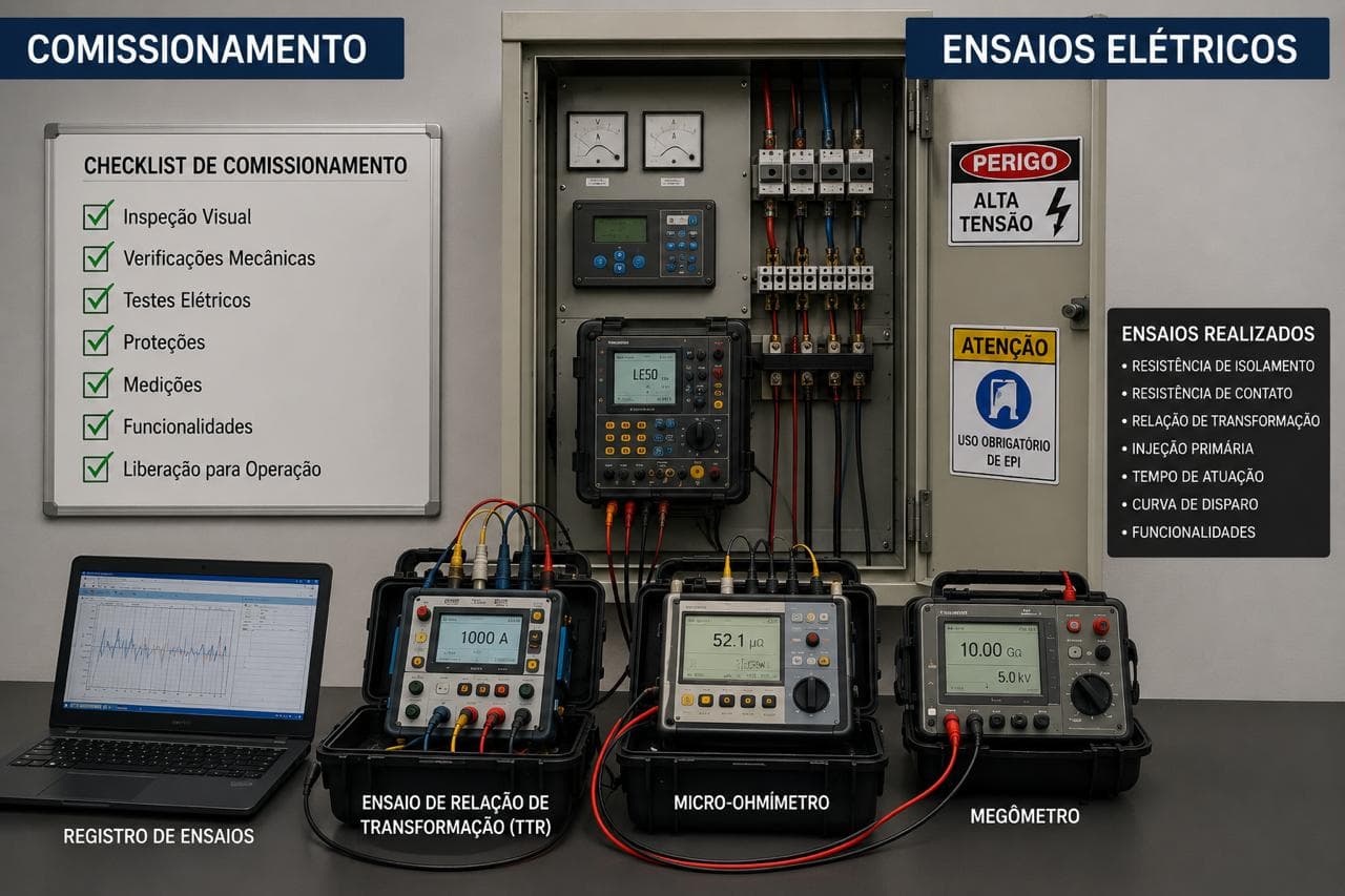 Ensaios elétricos com instrumentos de medição em painel